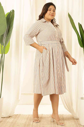 Plus Size Baby Pink Striped Cotton Shirt Dress