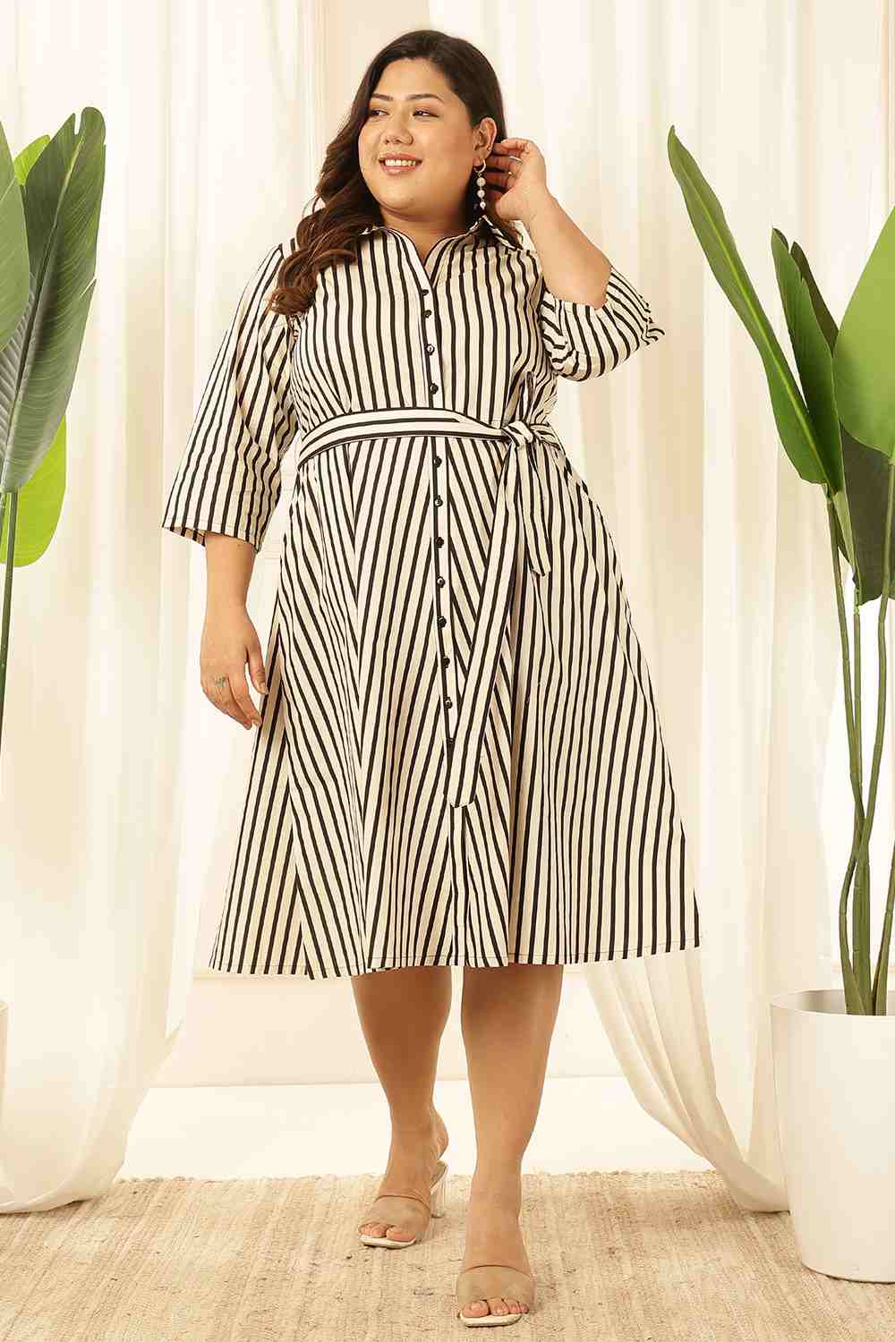 Plus Size Black & White Striped Cotton Shirt Dress