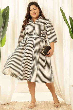 Plus Size Black & White Striped Cotton Shirt Dress