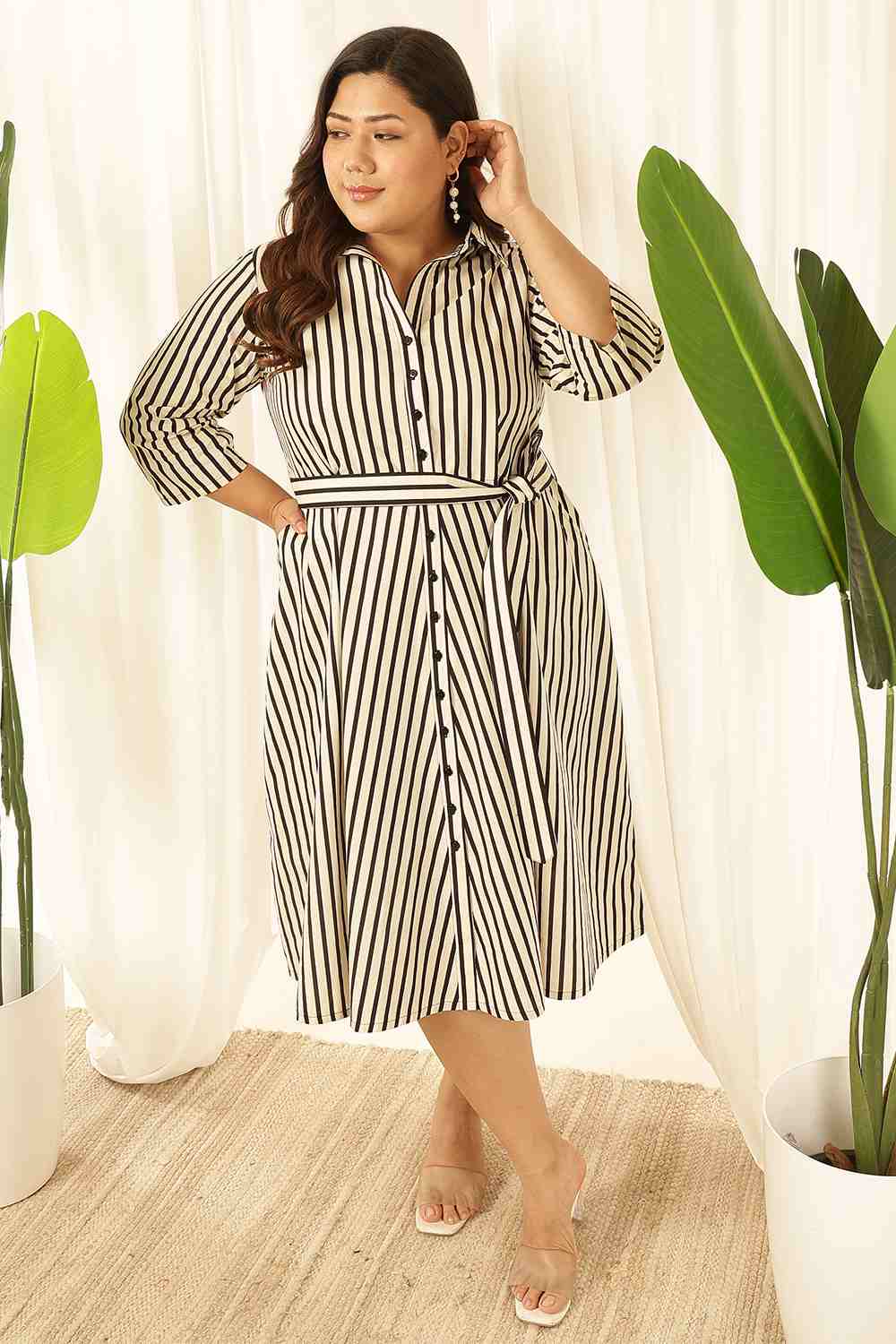 Plus Size Plus Size Black & White Striped Cotton Shirt Dress