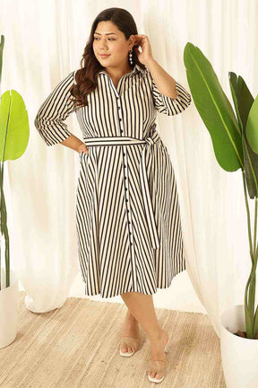 Plus Size Black & White Striped Cotton Shirt Dress