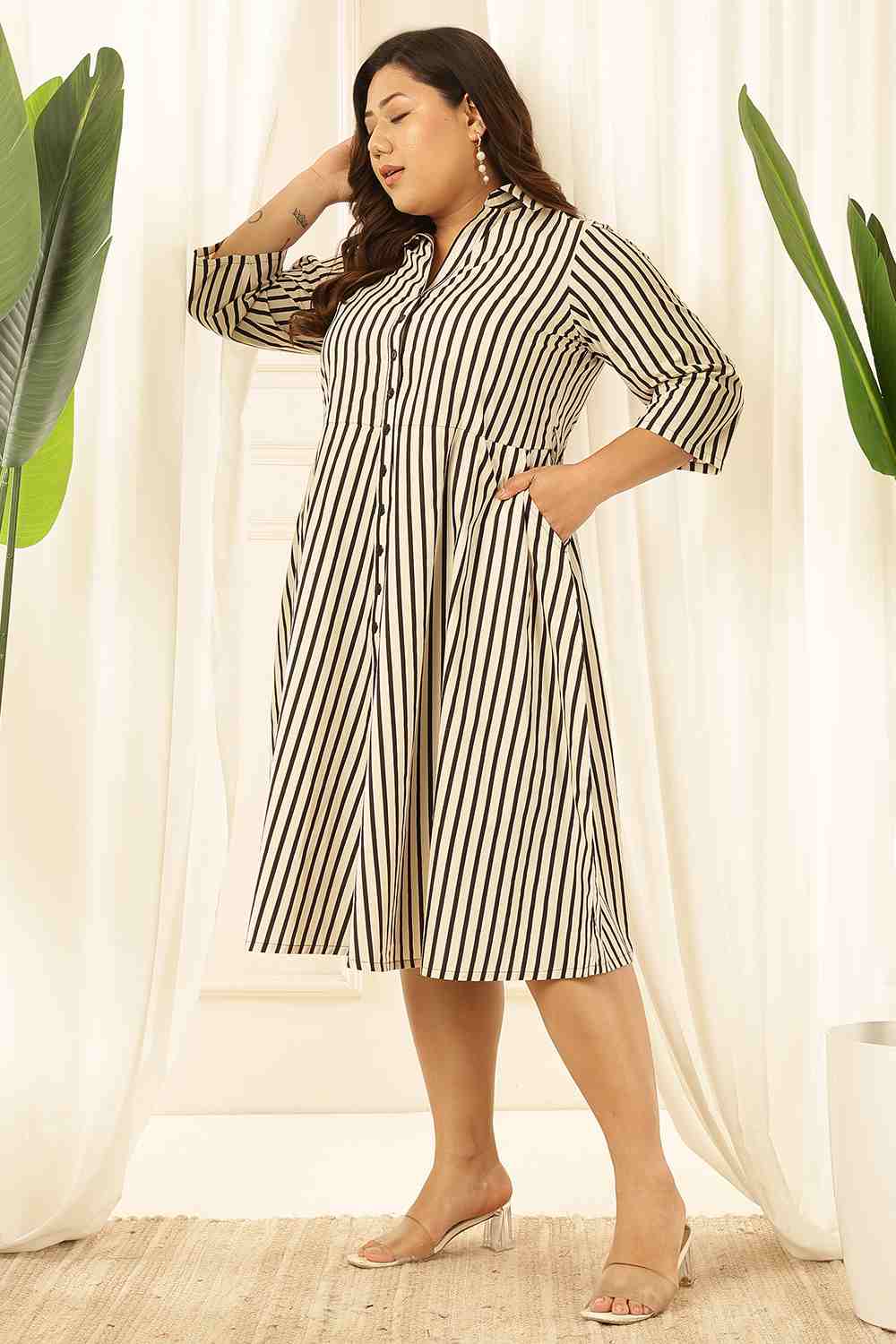 Plus Size Black & White Striped Cotton Shirt Dress for Women