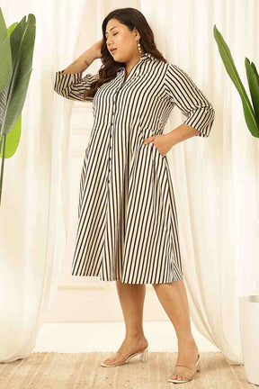 Plus Size Black & White Striped Cotton Shirt Dress