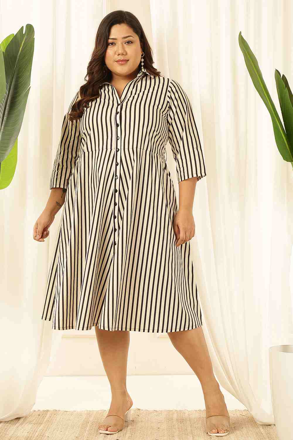 Comfortable Plus Size Black & White Striped Cotton Shirt Dress