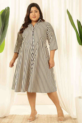 Plus Size Black & White Striped Cotton Shirt Dress