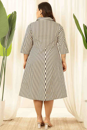 Plus Size Black & White Striped Cotton Shirt Dress