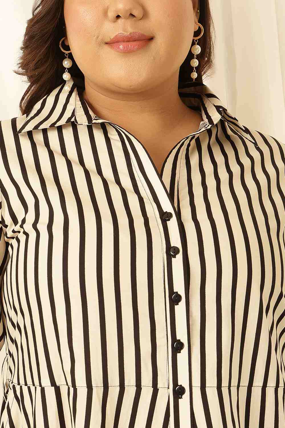 Plus Size Black & White Striped Cotton Shirt Dress