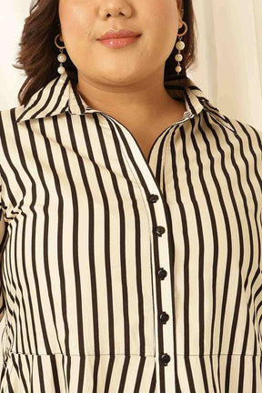 Plus Size Black & White Striped Cotton Shirt Dress