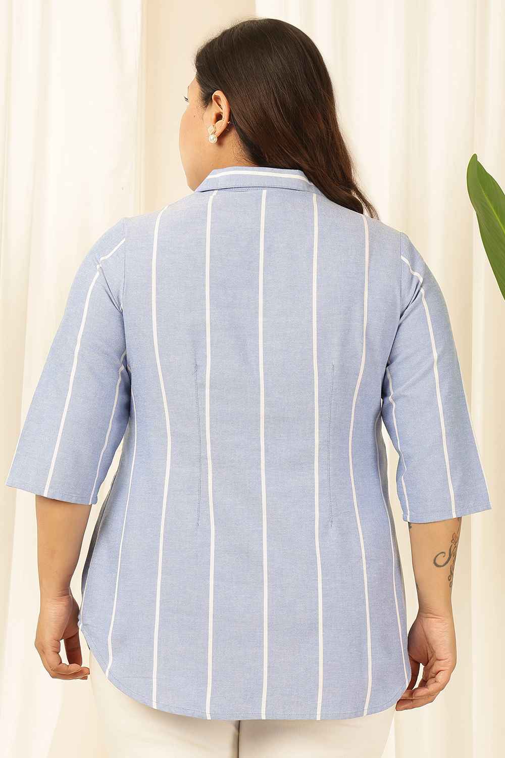 Plus Size Blue Striped Cuban Collar Shirt