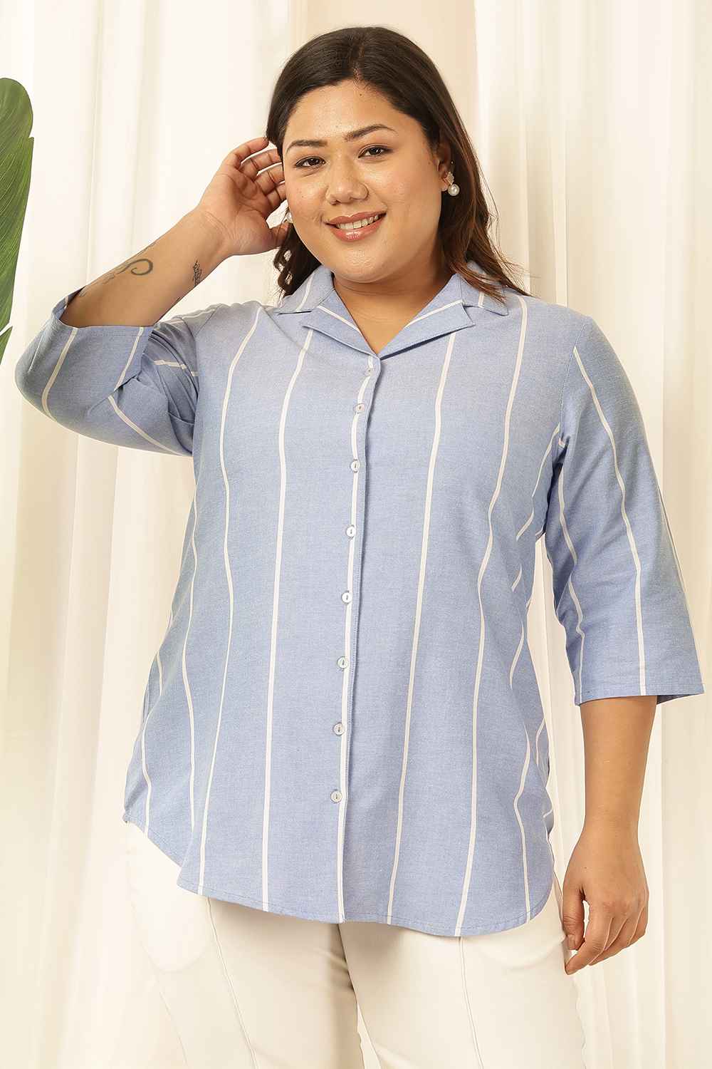 Plus Size Blue Striped Cuban Collar Shirt