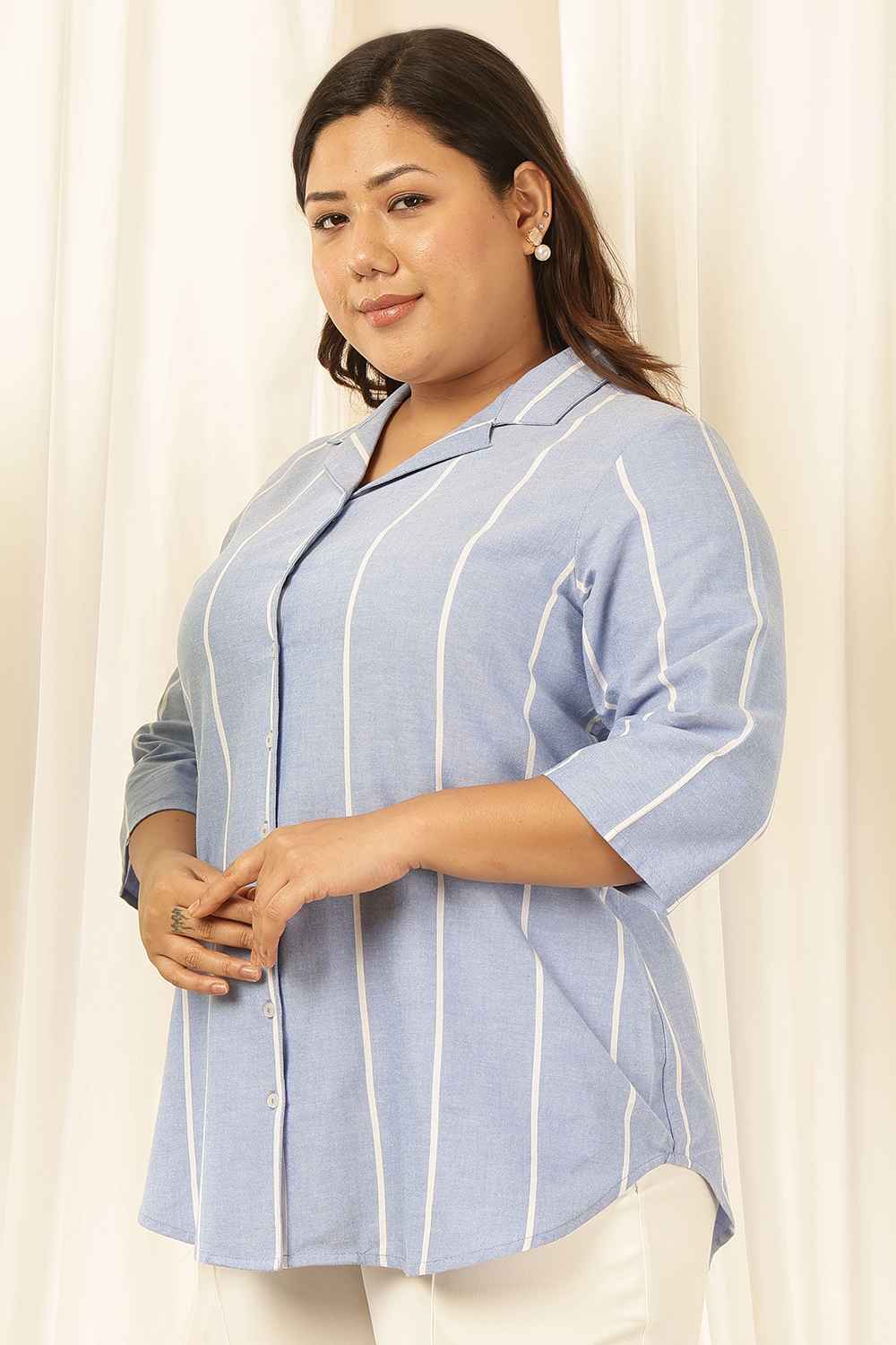 Plus Size Plus Size Blue Striped Cuban Collar Shirt