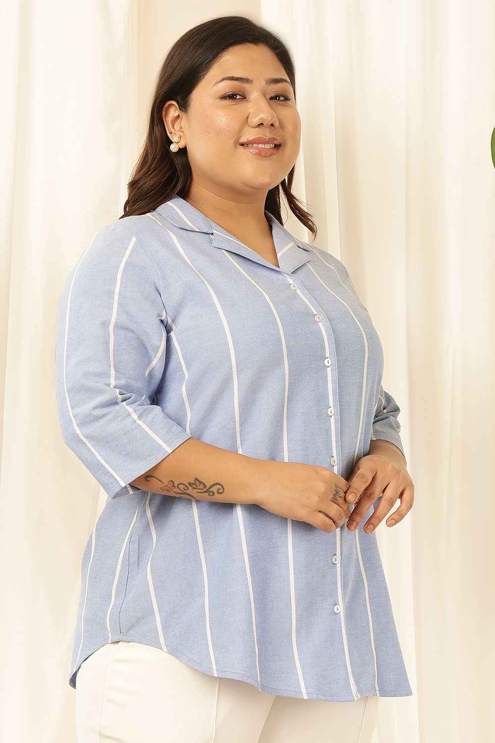 Plus Size Blue Striped Cuban Collar Shirt for Women