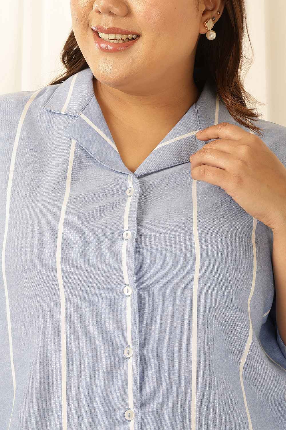 Comfortable Plus Size Blue Striped Cuban Collar Shirt