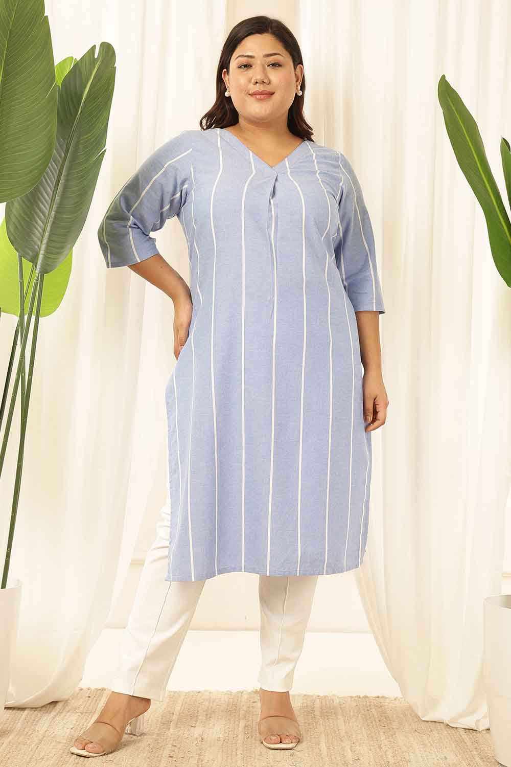 Plus Size Blue Striped Chambray Kurta