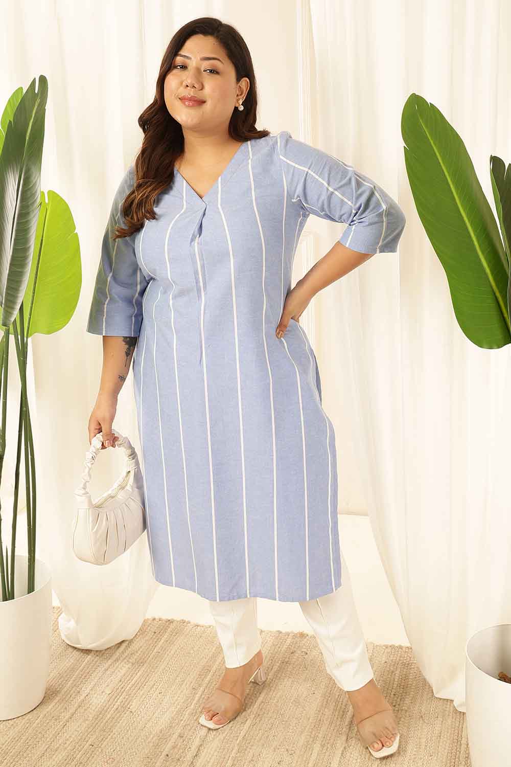 Plus Size Blue Striped Chambray Kurta