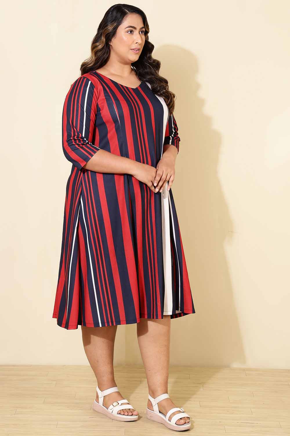 Plus Size Plus Size Red Blue Striped A line Dress