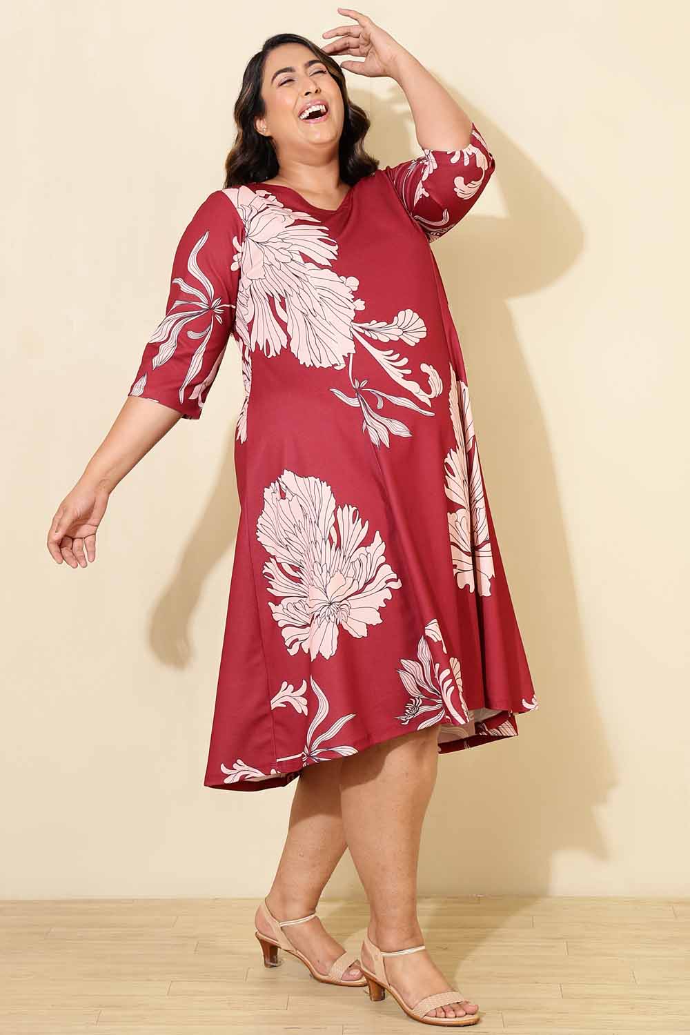 Plus Size Plus Size Red White Tropical Print A line Dress