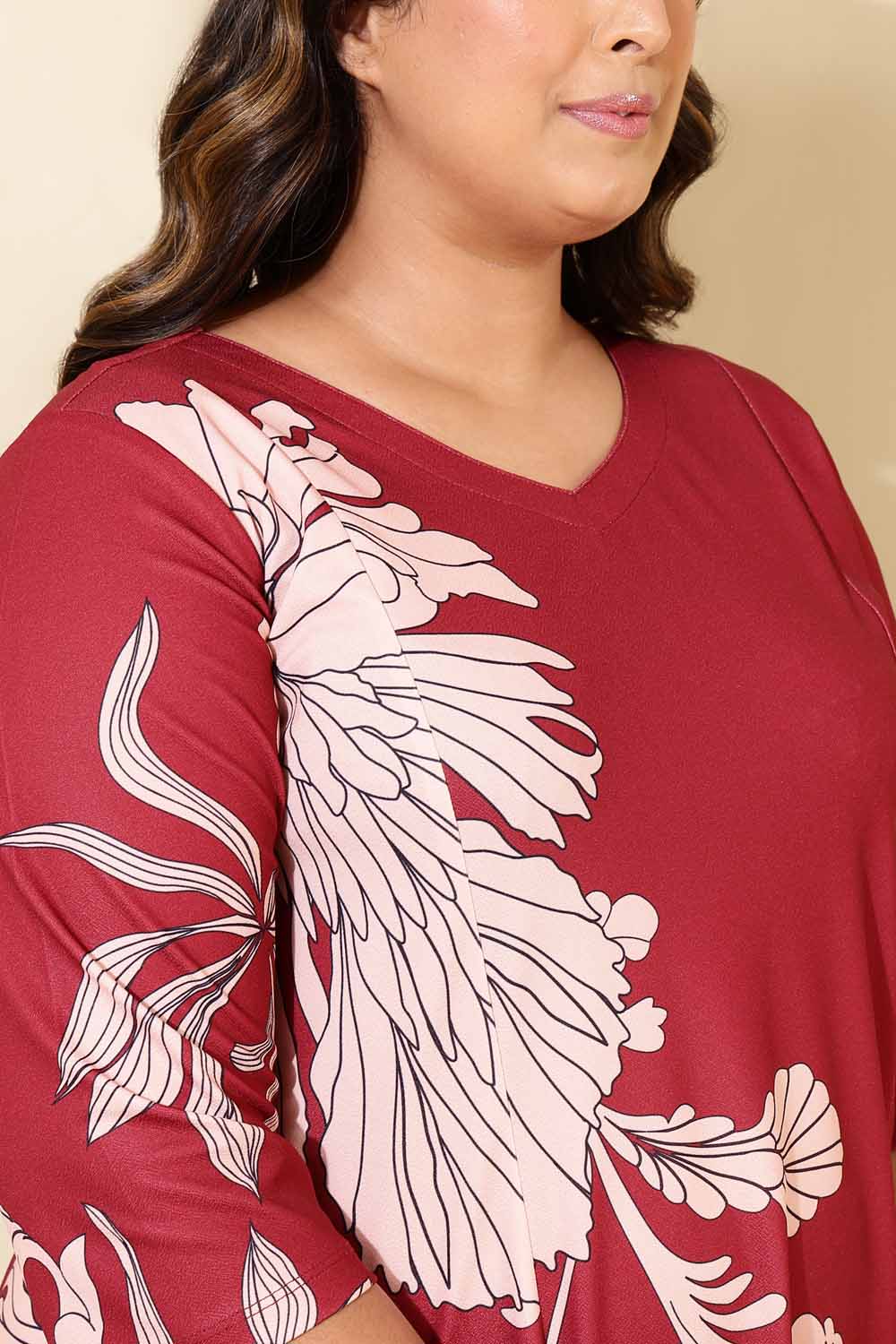 Comfortable Plus Size Red White Tropical Print A line Dress