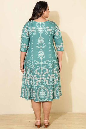 Plus Size Green Ethnic Print A line Dress