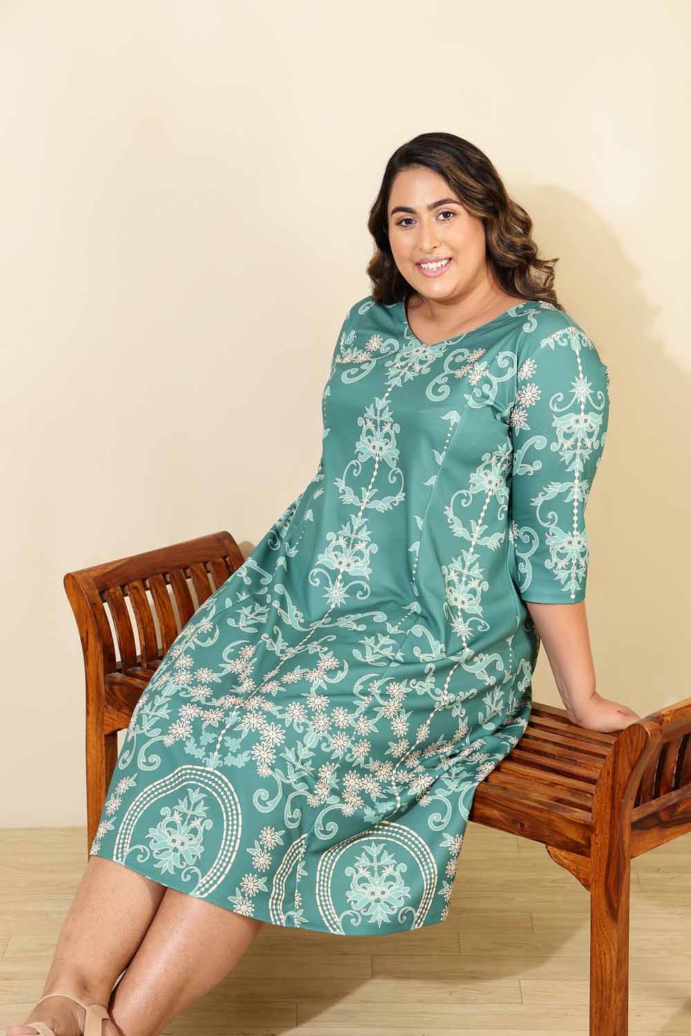 Buy Plus Size Green Ethnic Print A line Dress
