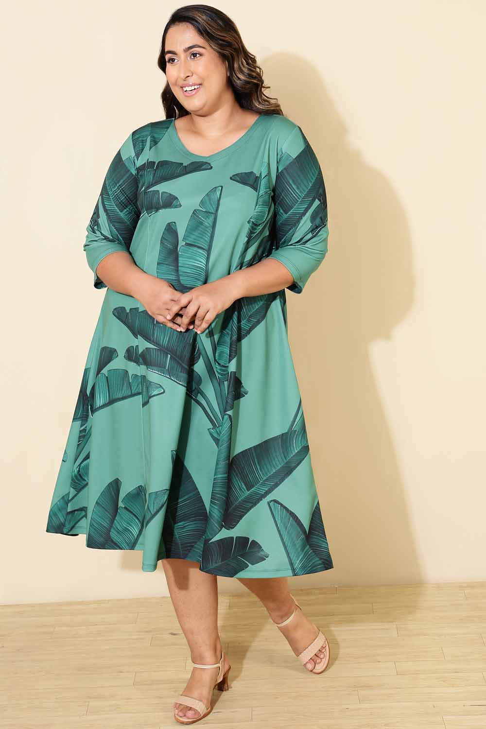 Plus Size Plus Size Green Tropical Print A line Dress