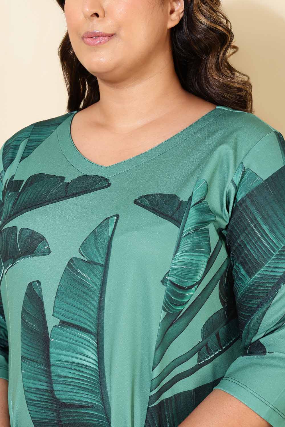 Comfortable Plus Size Green Tropical Print A line Dress