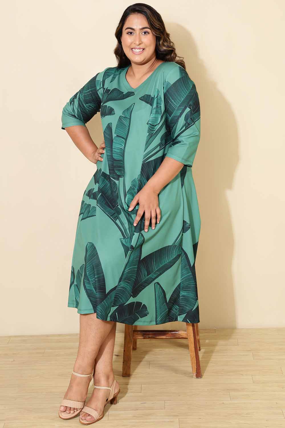 Buy Plus Size Green Tropical Print A line Dress