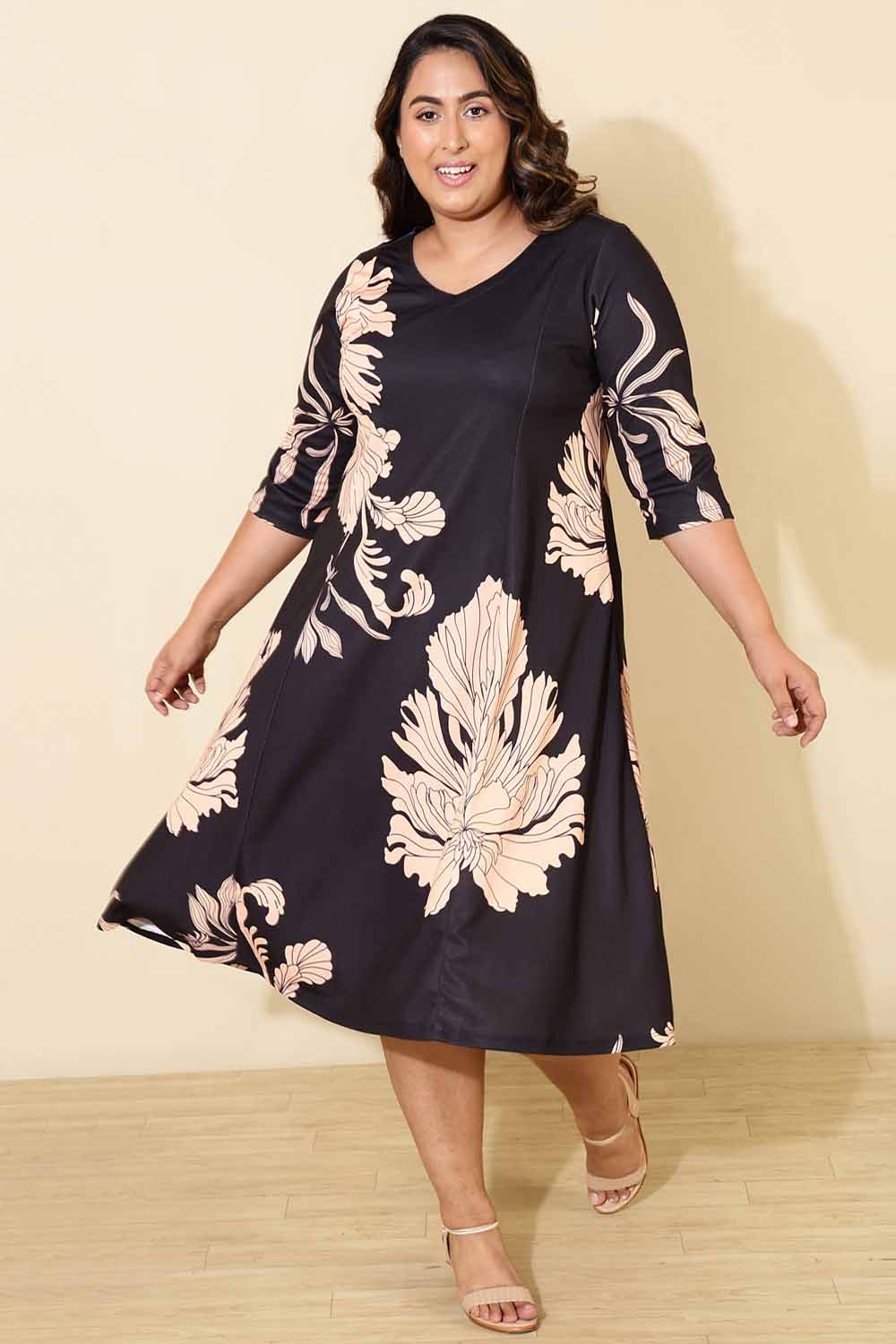Buy Plus Size Black Tropical Print A line Dress