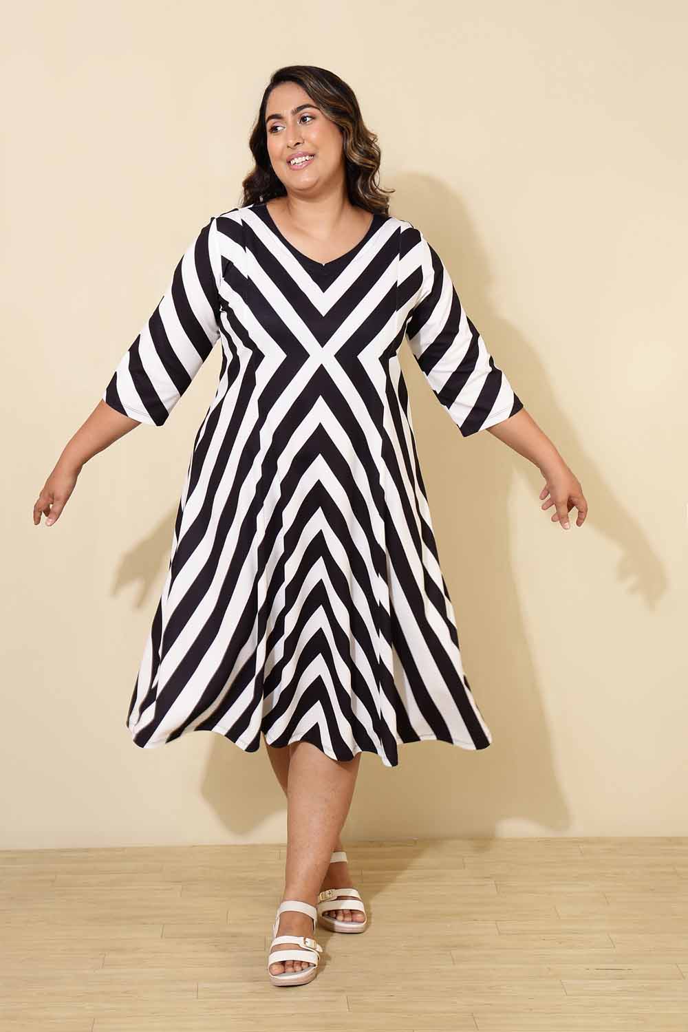 Plus Size Plus Size Black White Monochromatic A line Dress