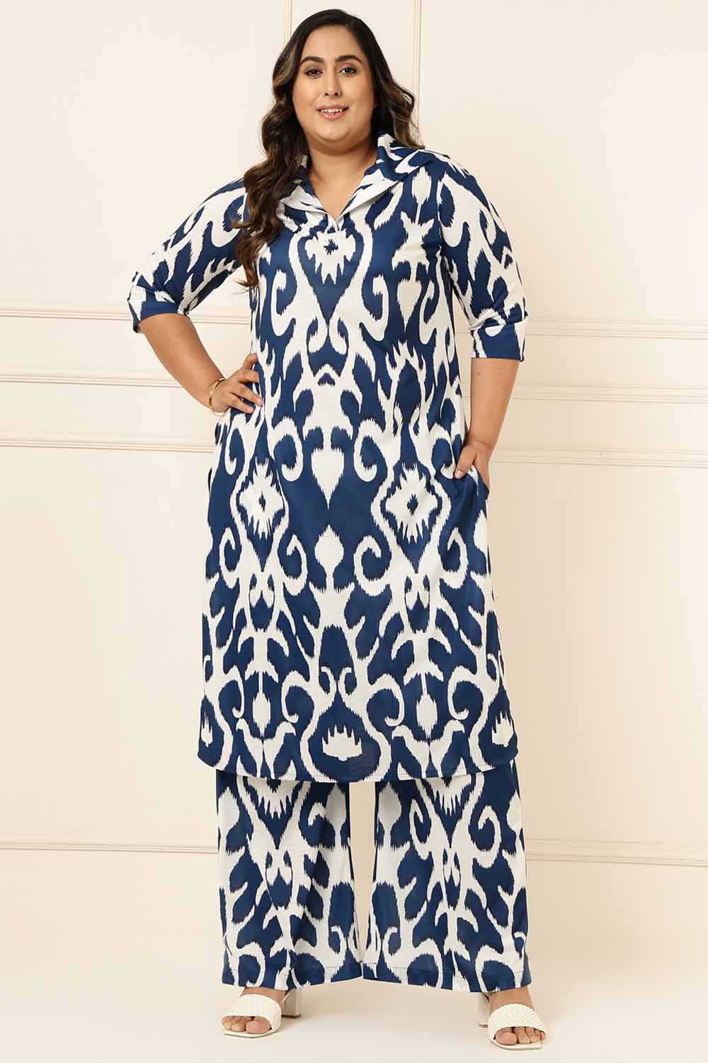 Plus Size Blue White Printed Coord Set