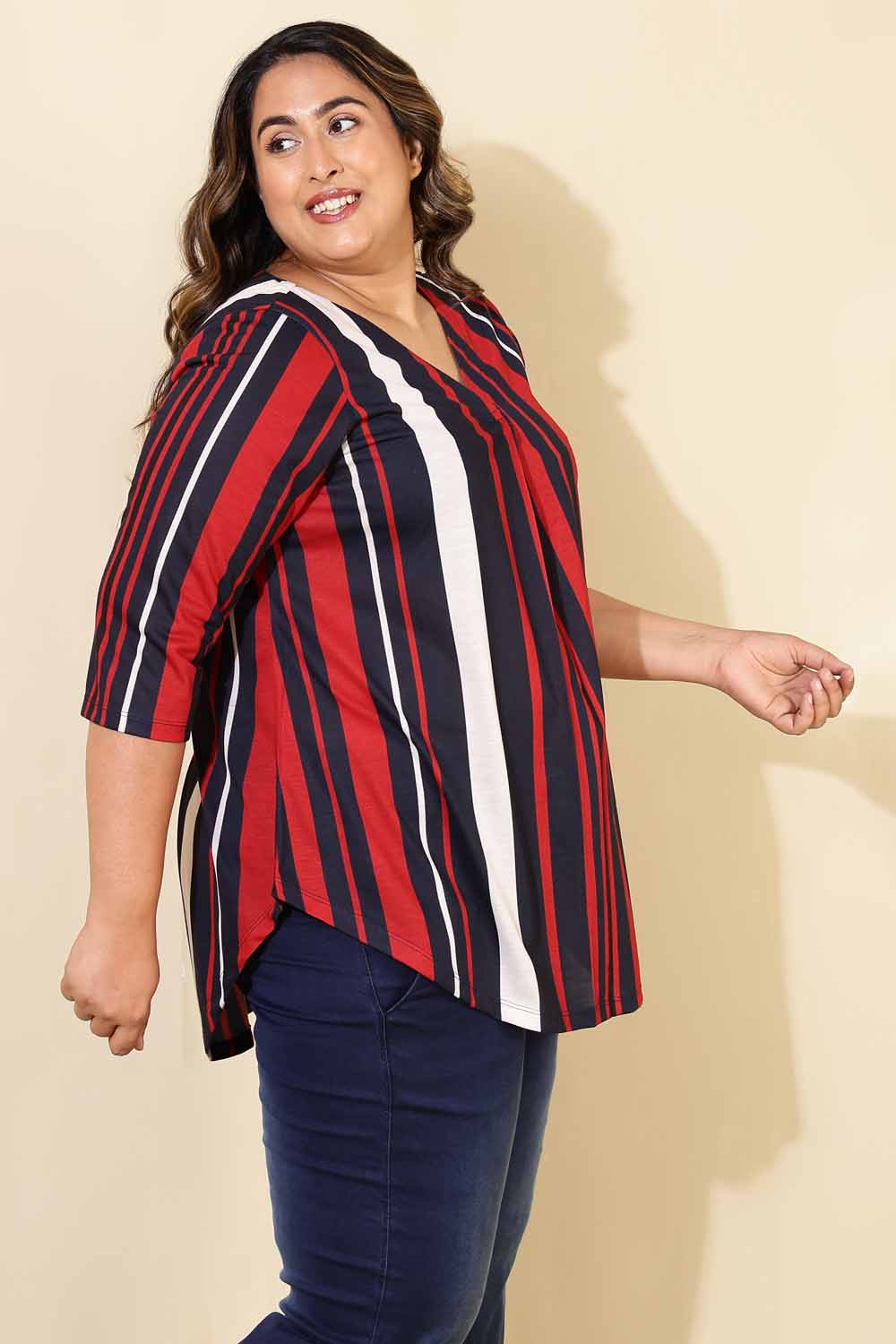 Plus Size Red blue Striped Centre Pleat Top for Women