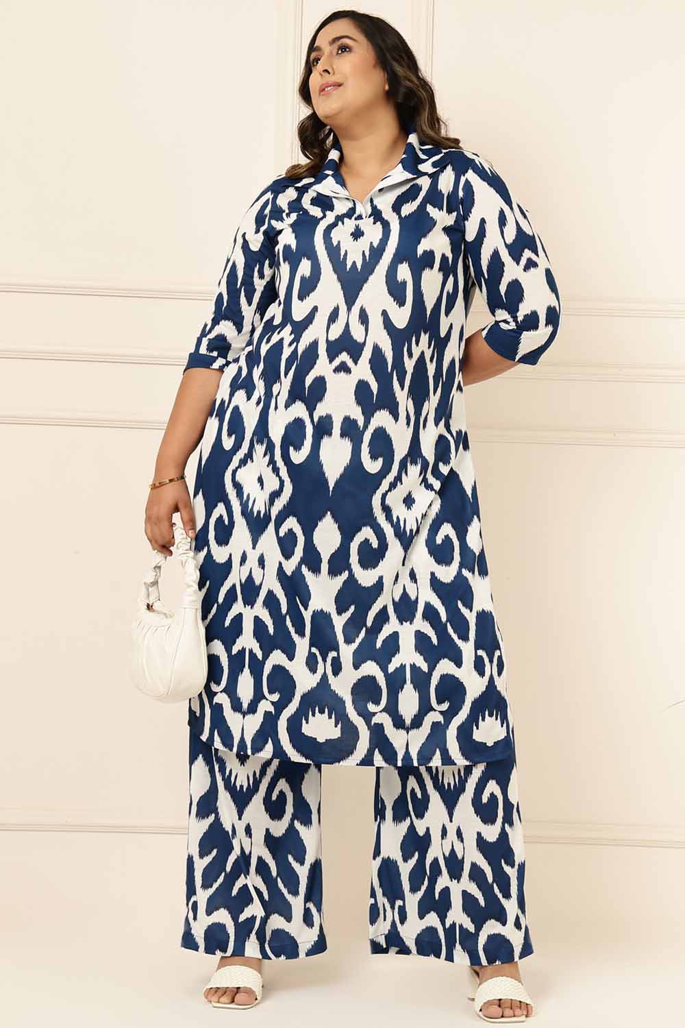 Plus Size Blue White Printed Coord Set