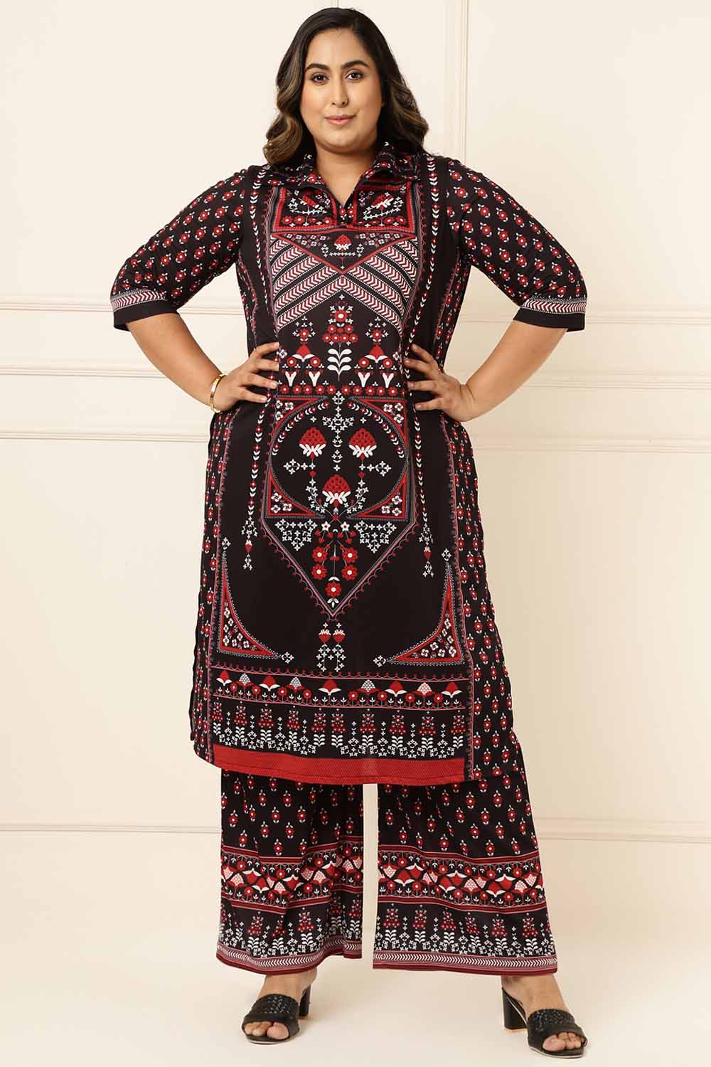 Plus Size Black Red Printed Coord Set