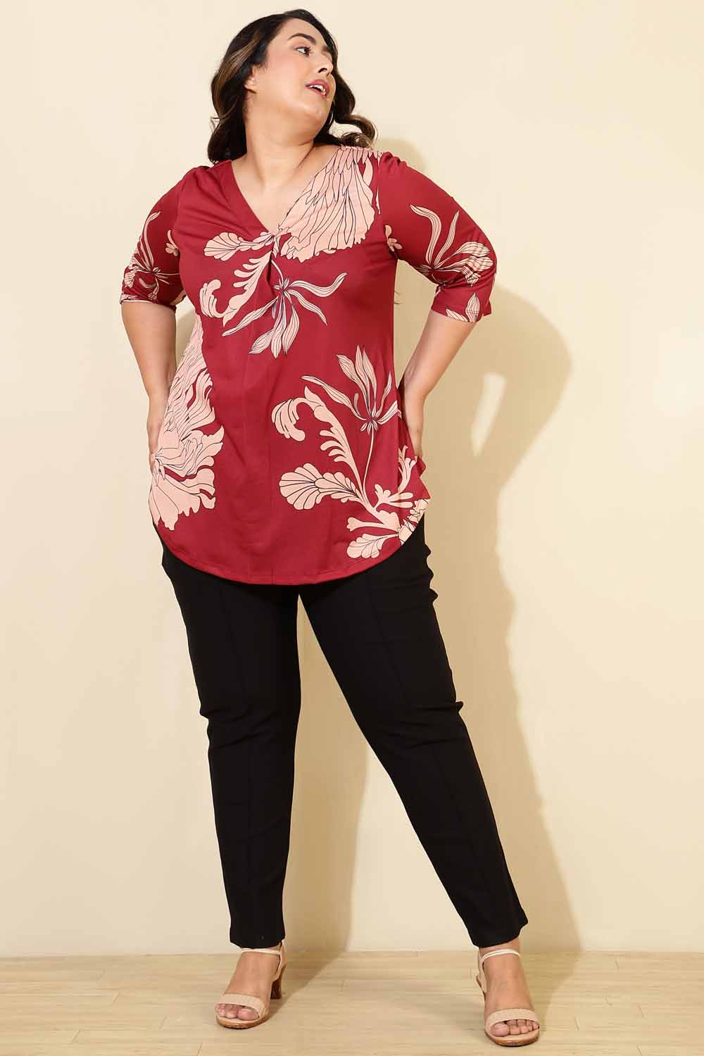Buy Plus Size Red White Tropical Print Centre Pleat Top