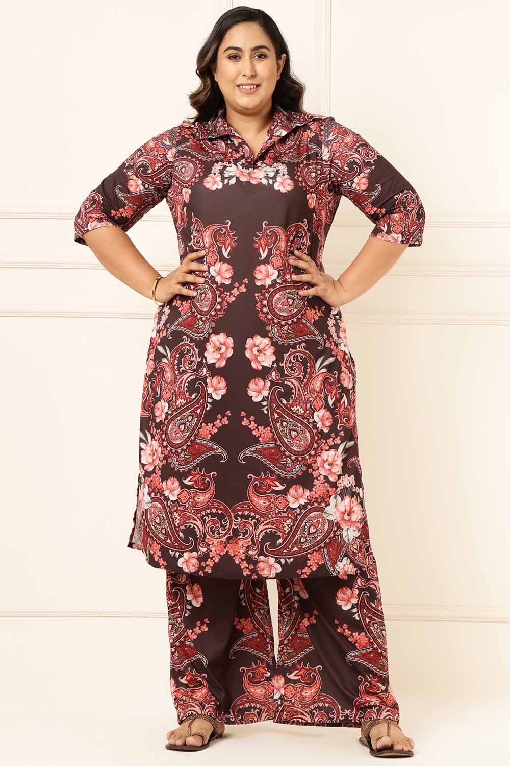 Plus Size Brown Floral Printed Coord Set