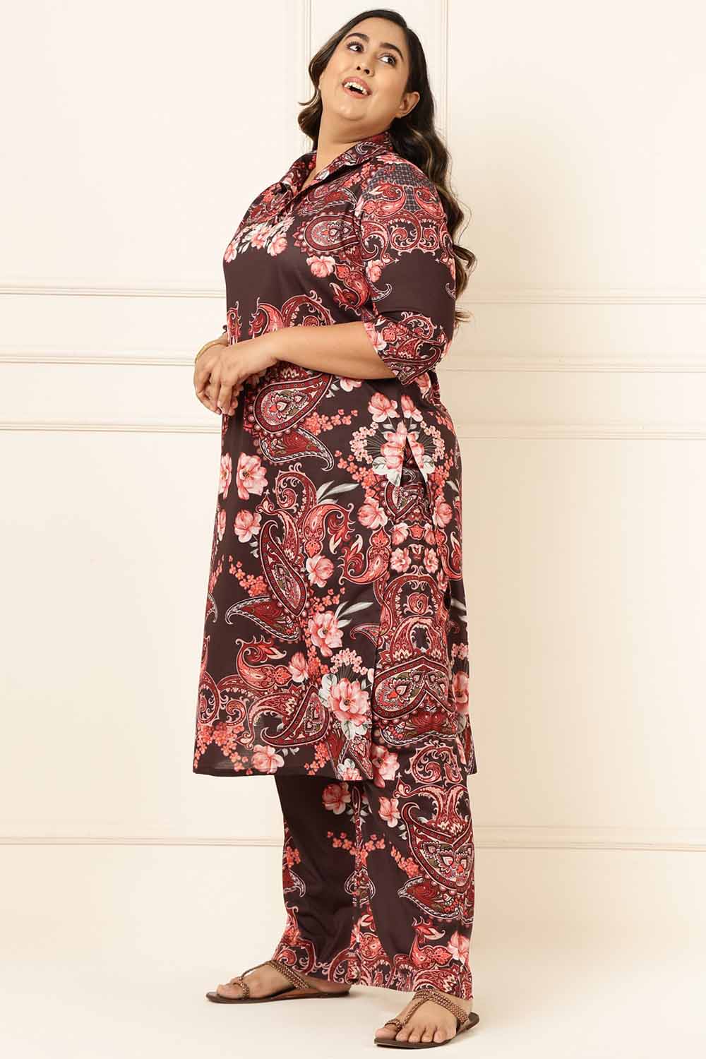 Plus Size Plus Size Brown Floral Printed Coord Set