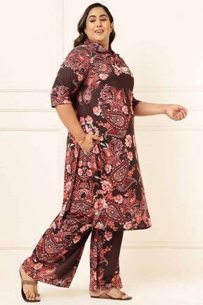 Plus Size Brown Floral Printed Coord Set