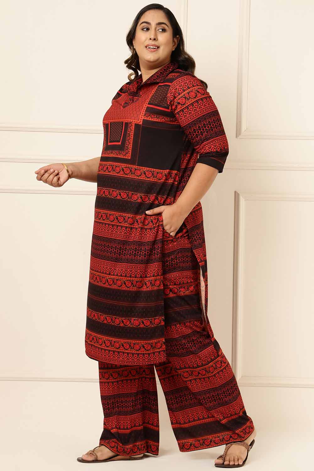 Plus Size Plus Size Black Red Geometric Coord Set