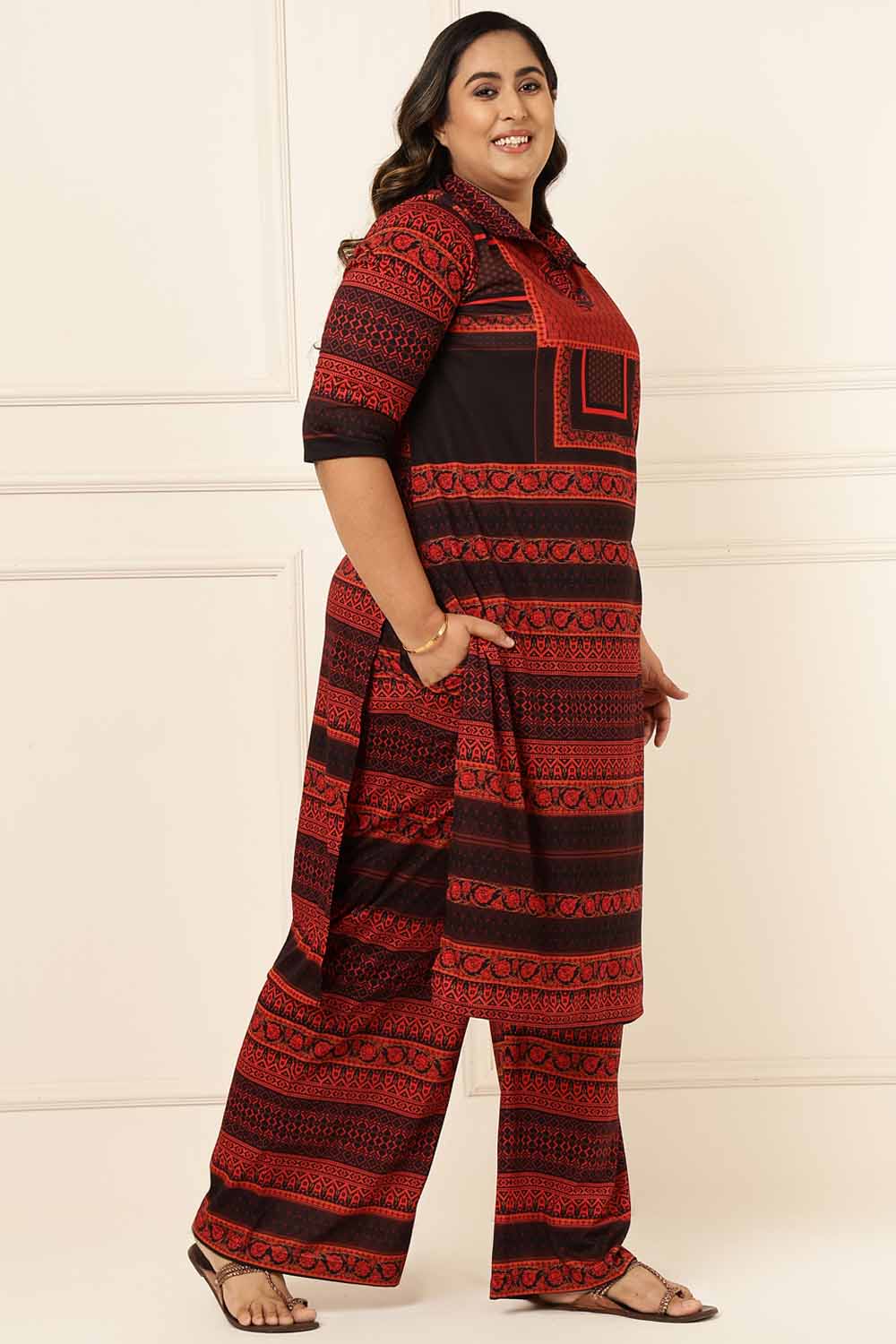 Plus Size Black Red Geometric Coord Set for Women