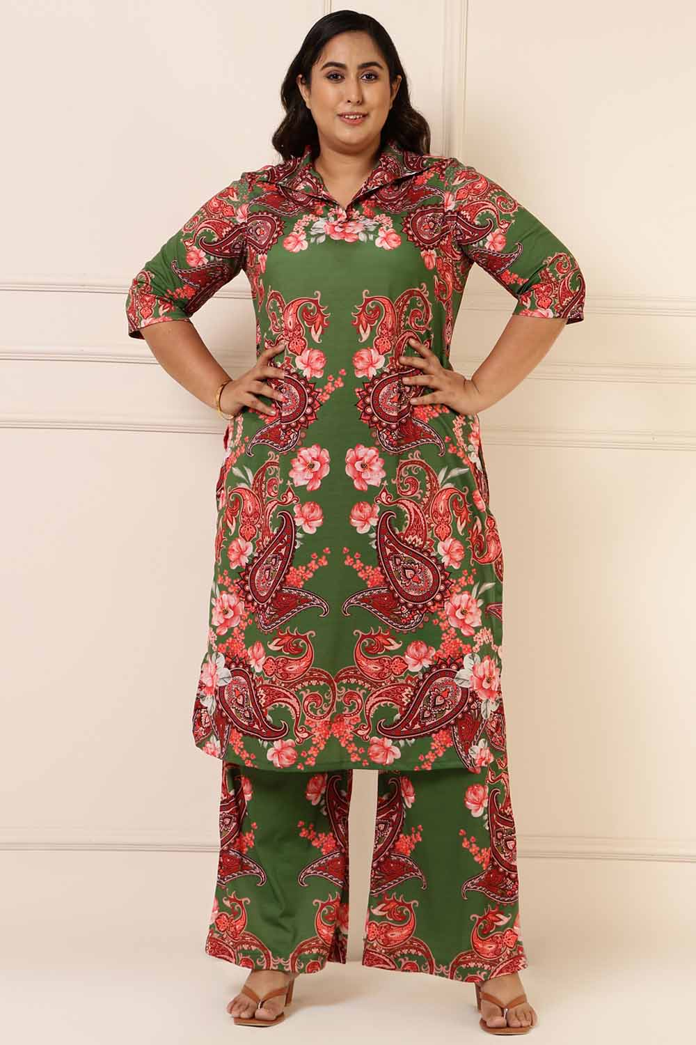 Plus Size Red Green Floral Coord Set