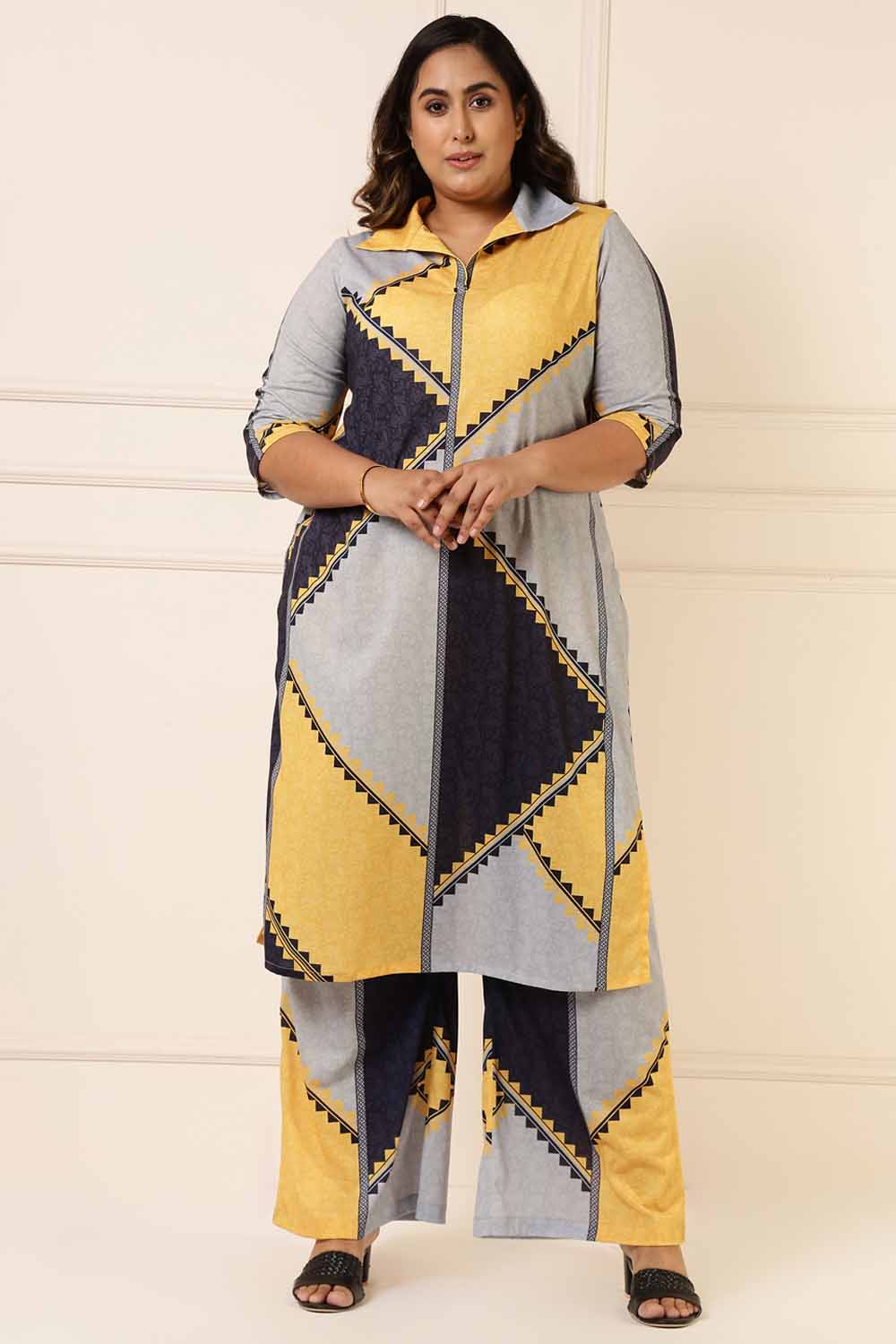 Plus Size Yellow Black Geometric Print Coord Set