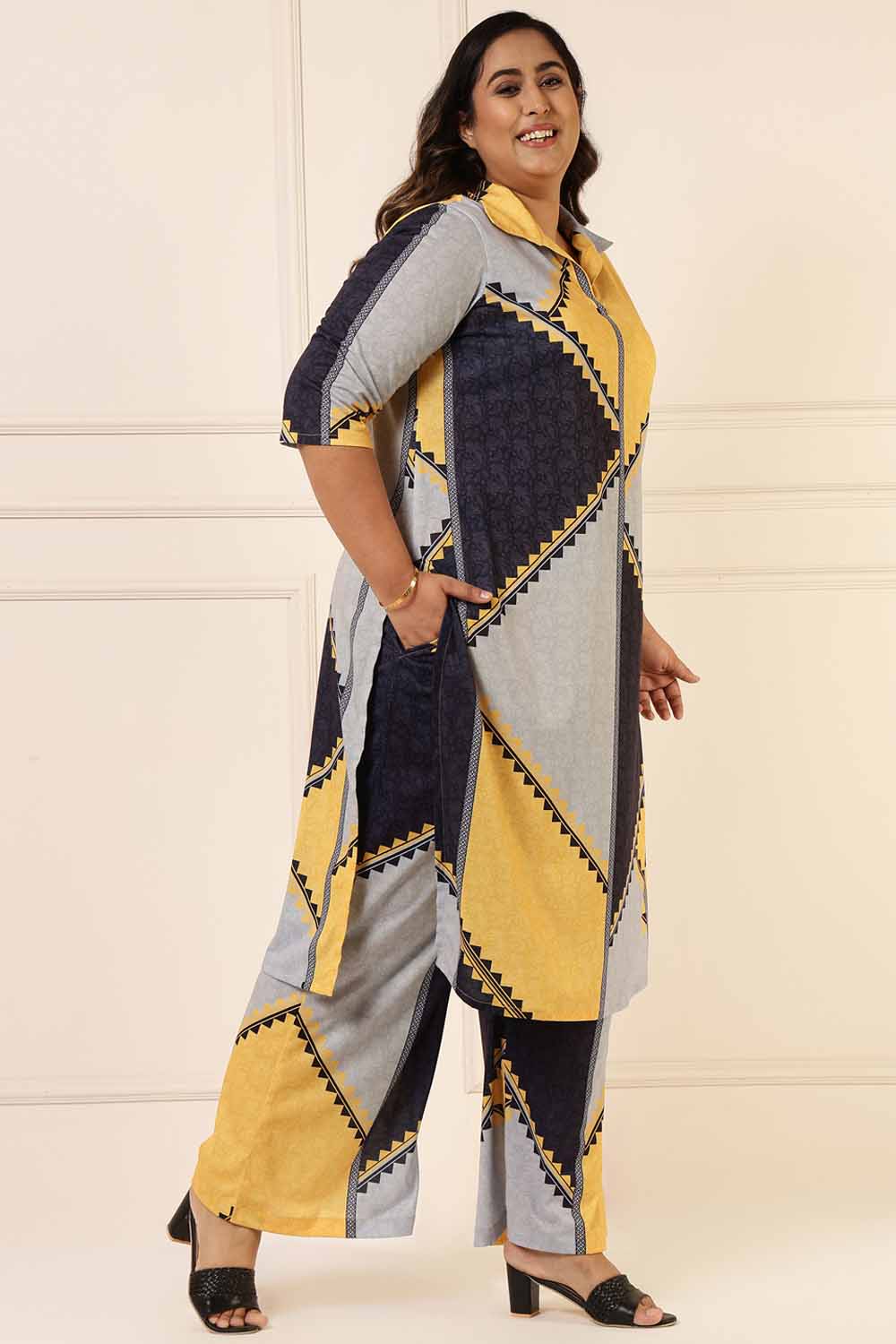 Plus Size Plus Size Yellow Black Geometric Print Coord Set