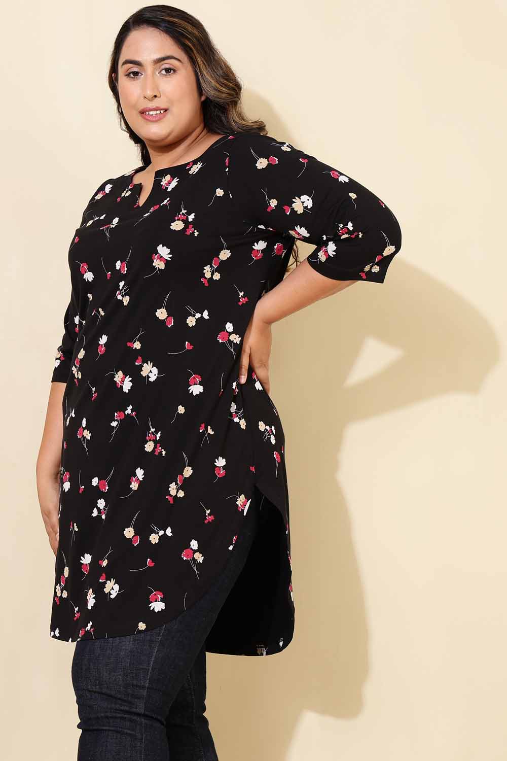 Plus Size Black Red Floral Tunic for Women