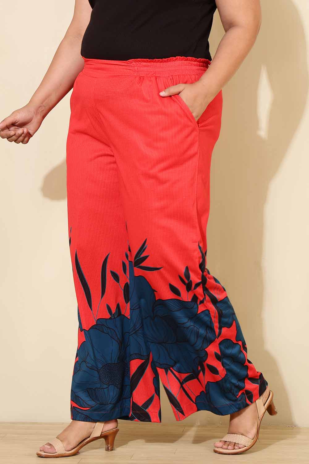 Plus Size Red Teal Print Pants for Women