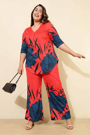 Plus Size Red Teal Print Pants