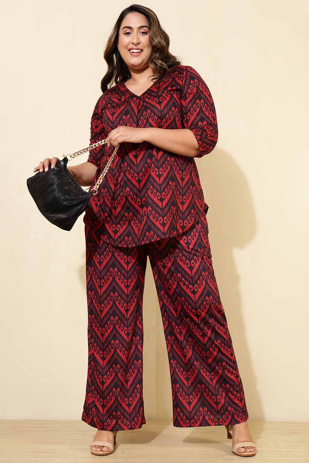 Plus Size Maroon Black Print Coord Set