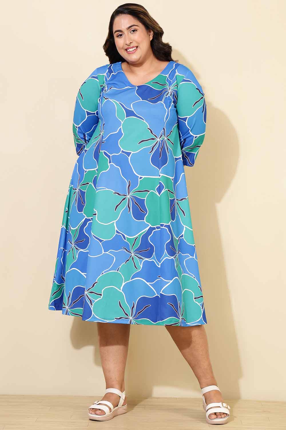 Buy Plus Size Blue Green Abstract A line Dress