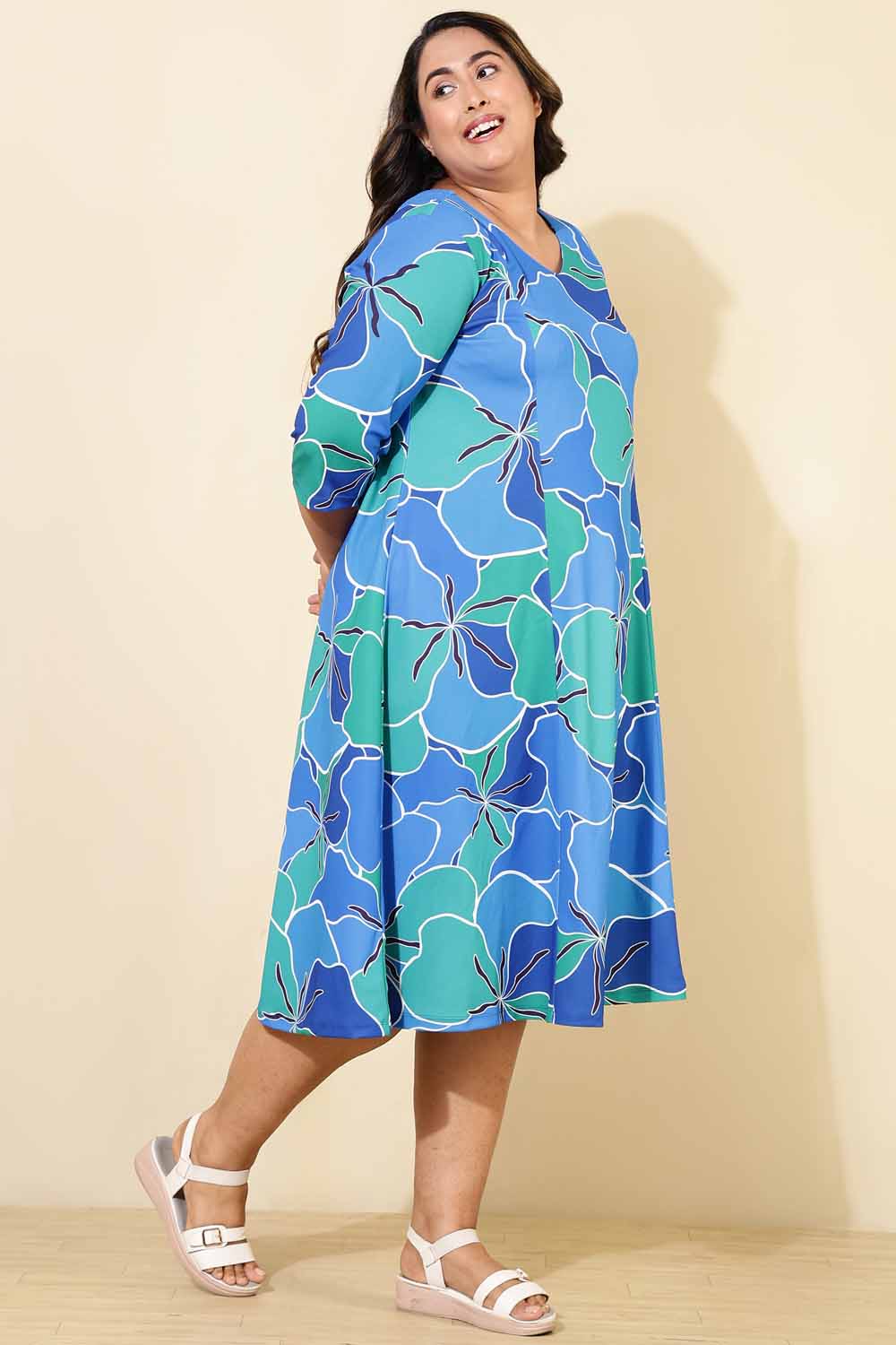 Plus Size Plus Size Blue Green Abstract A line Dress