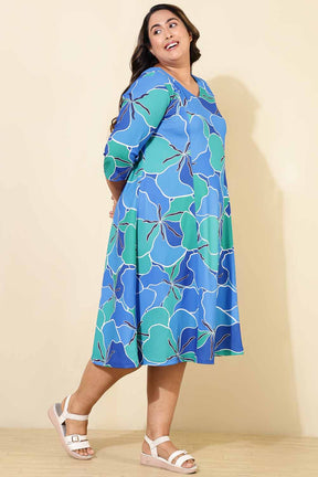 Plus Size Blue Green Abstract A line Dress