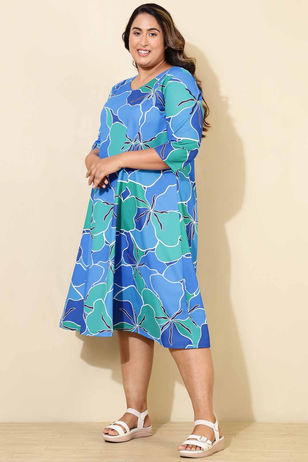 Plus Size Blue Green Abstract A line Dress for Women